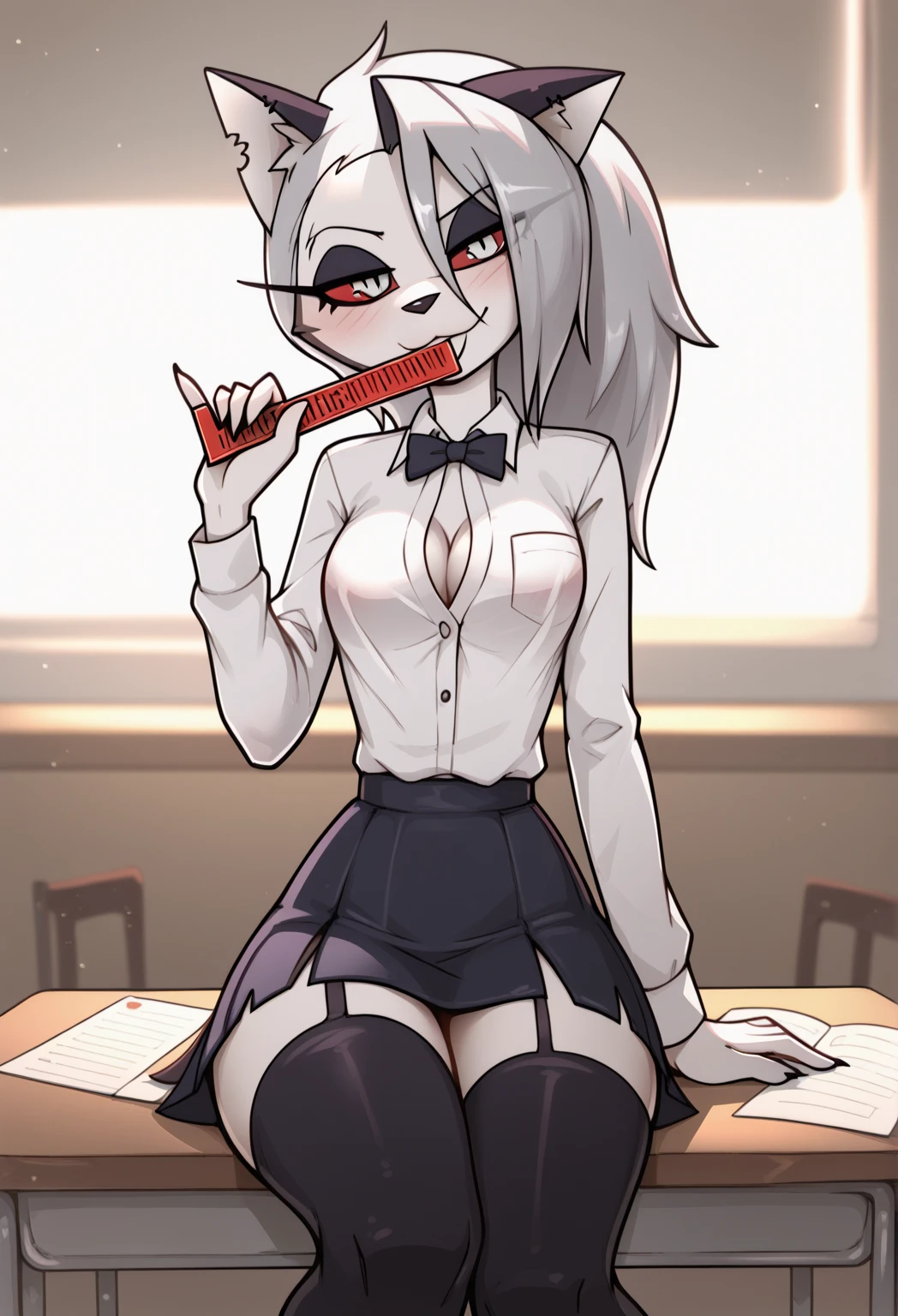In a dark, mysterious room, the 17-year-old pink-haired anime girl stands in front of an ornate mirror, her blue eyes wide with shock as she gazes at her reflection. Dressed in her sleek, form-fitting blazer-style school uniform with thigh-high socks, she looks both strong and innocent. However, her reflection reveals her evil counterpart: a seductive succubus with long white hair in half-up, half-down pigtails. The succubus is dressed in a tight bikini, thigh-high boots, and long gloves, with bat wings and a devil tail adding to her sinister appearance. Blood drips from the succubus’s mouth down to her chest as she gazes back with a confident and knowing smirk. The pink-haired girl, in contrast, is stunned, her hands trembling slightly at her sides, as she struggles to comprehend the dark reflection staring back at her. The scene captures the tension between innocence and corruption, with the mirror acting as a portal between their two worlds.