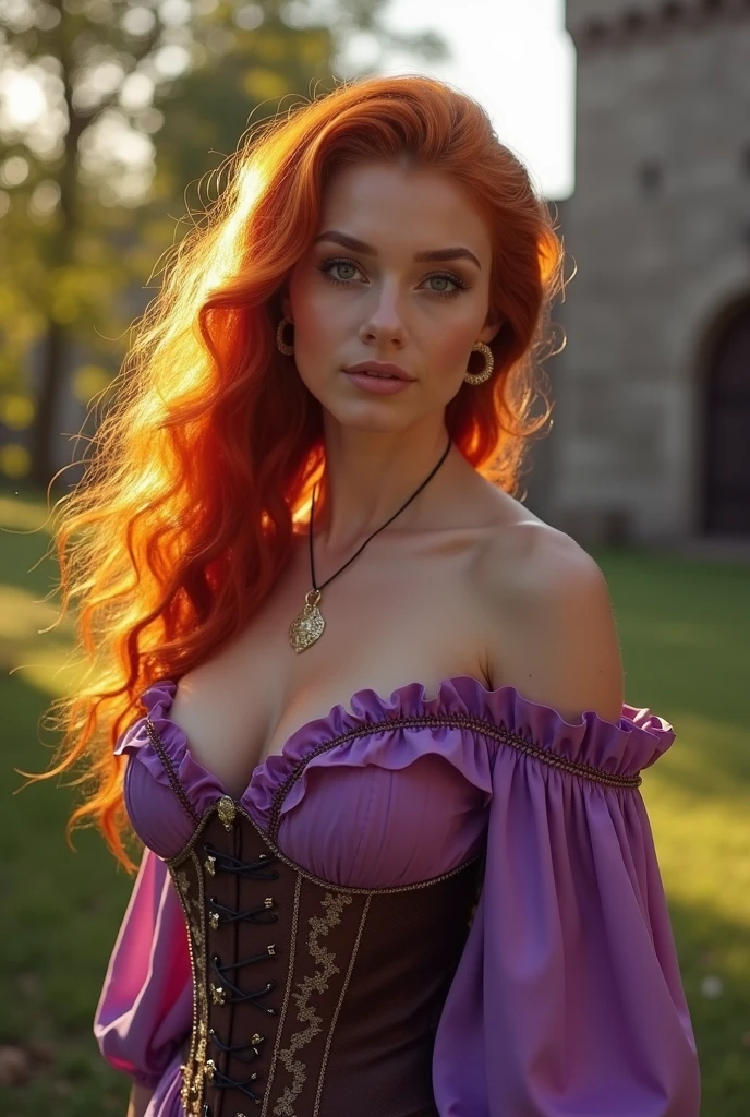Woman, with a defined body with braided red hair, medieval style, with your breasts out