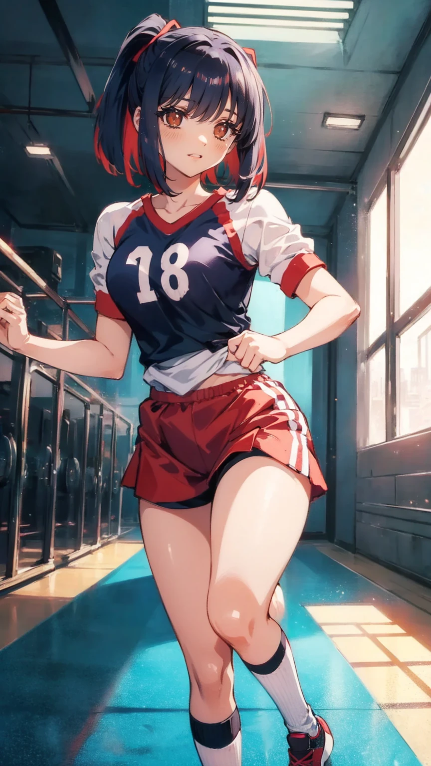 masterpiece:1.2, high quality, 最high quality, clear null, null, sports field, Gym suit, Navy blue school gym bloomers, white knee high socks, white high cut sneakers, hair band, bright, red eyes, long hair, black hair, Red color inner hair, ponytail, hair between eyes, straight hair, jumping, shot from below,1 girl, alone, full body shot,