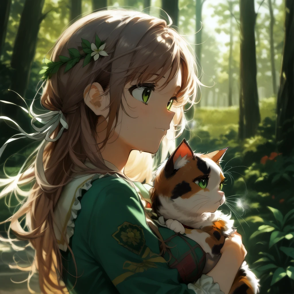 beautiful girl with her calico cat, brown hair, green eyes