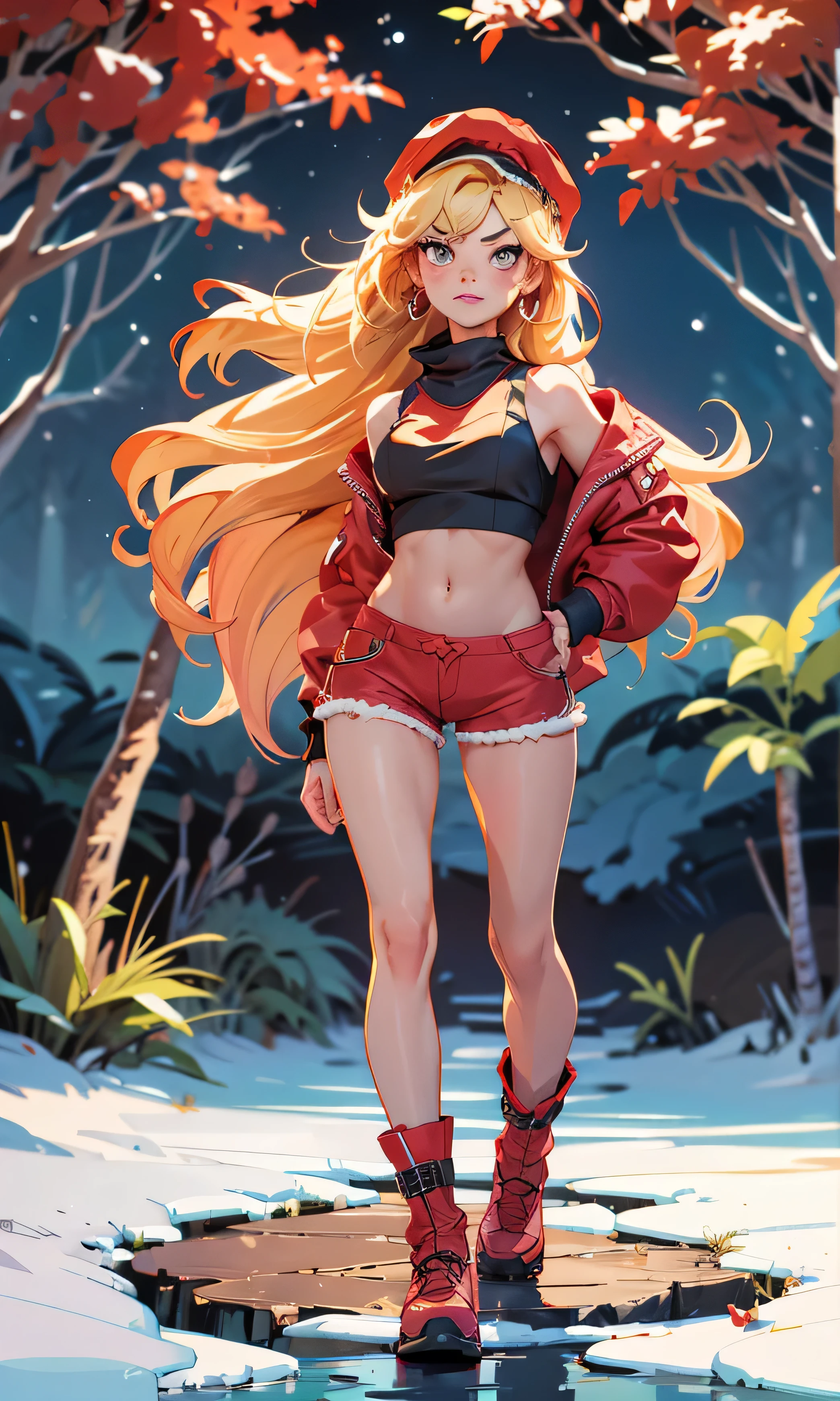 Masterpiece, 1 girl, beautiful, slim, head on, looking at the spectator , long hair, blond hair , brown eyes, arched eyebrows , Full body , pretty legs, abdomen plano, Kpop outfit , wool cap, Red micro top , Crop top, hombros descubiertos, neckline, Ripped top , red shorts, red winter boots, (((desnuda))), in the woods, dark sky, dry trees ,