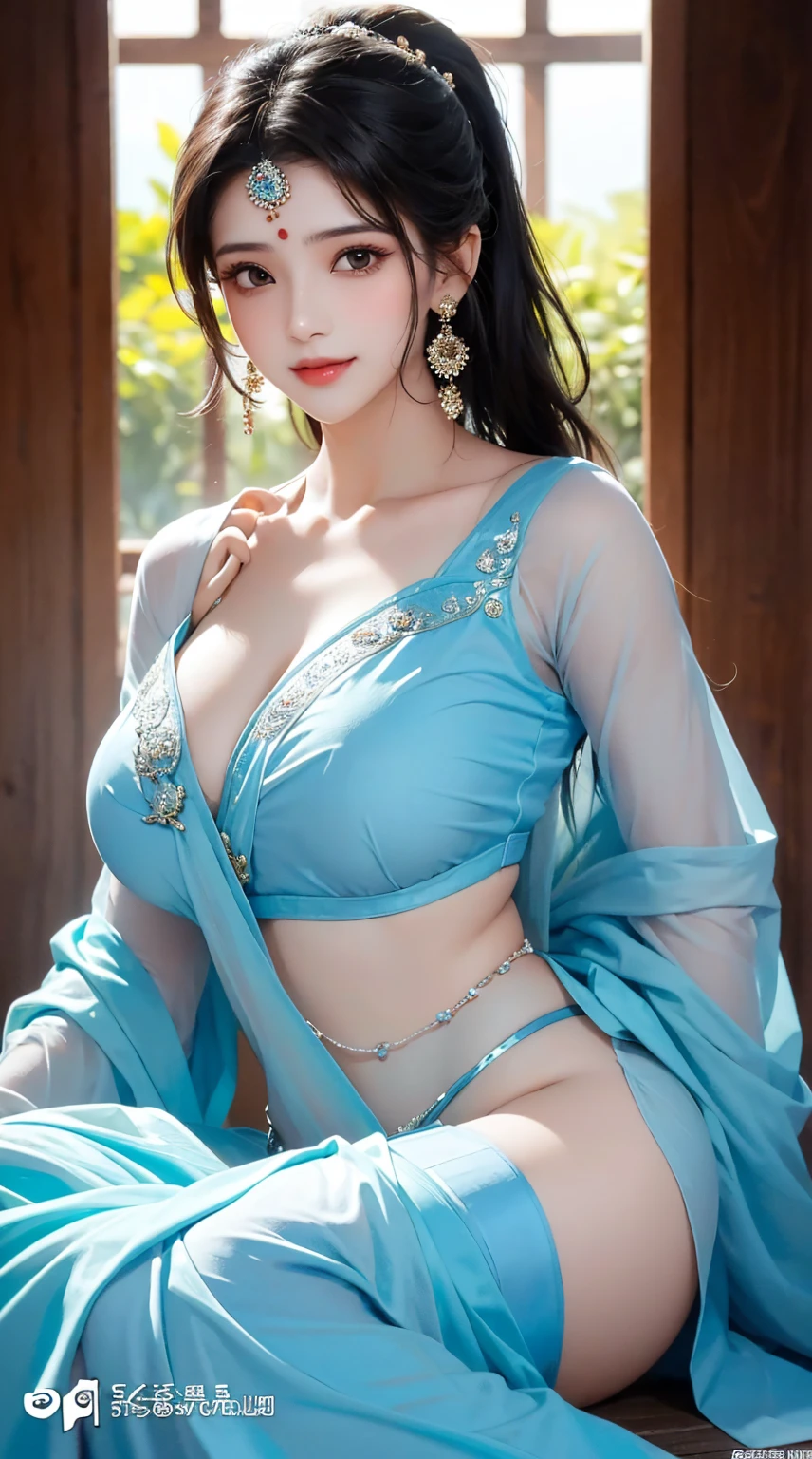 1girl, cute face,pretty face, jaw dropping beauty, cute smile, indian girl, ((indian mythology dress)),((indian mythology girl)), cute indian girl, bindi, ((beautiful bindi)), ((beautiful shiny accessories)), accessories, pony tail,((sanskari dress)), ((pure kapde)),full saree,((full light blue saree)),((full blouse)), ((ultra high detailed 1.9)),((ultra high resolution 1.9)),((ultra high quality 1.9)),(masterpiece)), (perfect lightings), (very Big breasts 1.9)), ultra huge breast , showing her cute body 