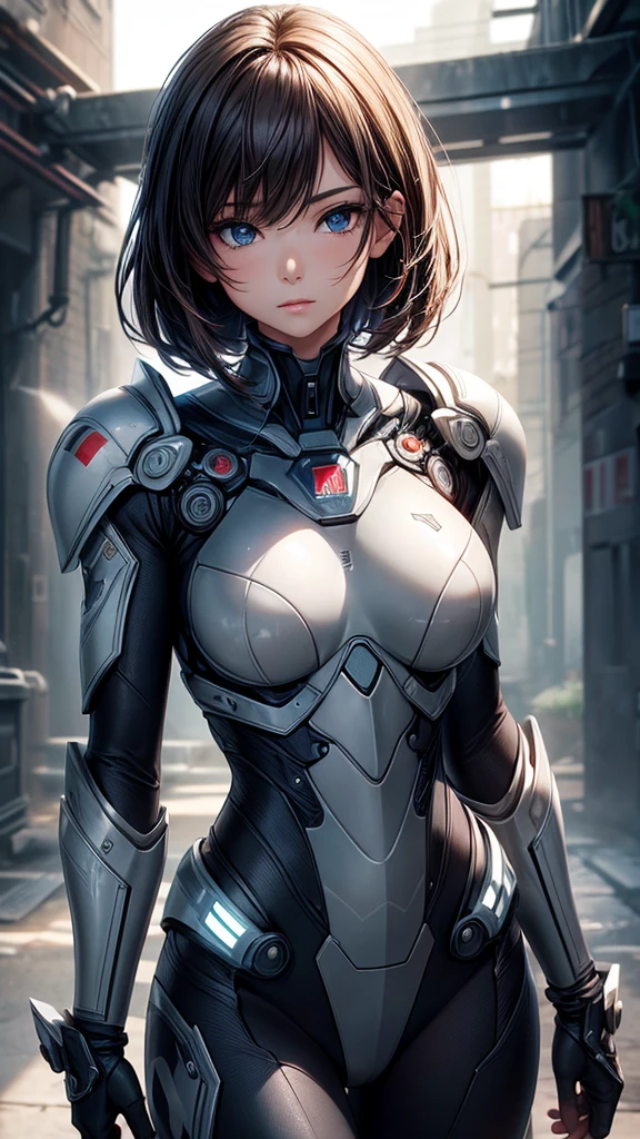 Beautiful hyperrealistic photograph of cute smiling white woman cyberpunk female, (((wearing full heavy mecha armor, combat harness))) shapeless cyberpunk hairstyle, (((dynamic pose))), cyberpunk street background, abstract beauty, near perfection, pure form, Golden Ratio, concept art, By Brian Froud and Carne Griffiths and Wadim Kashin, intricate detail, 8k post-production, High resolution, super Detail, trending on ArtStation, sharp focus, studio photos, intricate detail, Very detailed, By Greg Rutkowski