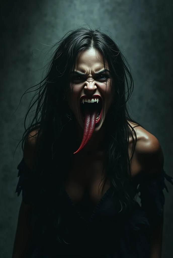a woman with bulging eyes showing her long fangs, dressed in black, had a scary face and seemed to want to pounce