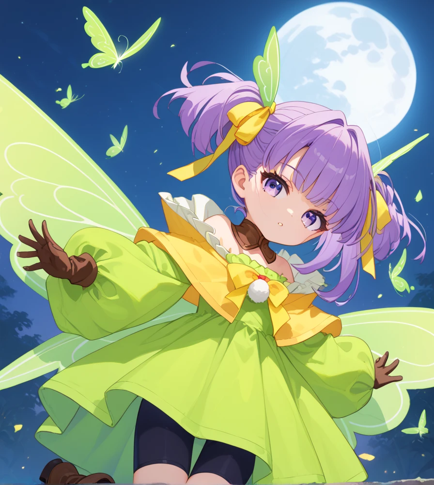 ((masterpiece,best quality:1.2)),Muryan,(dance:1.2),((night:1.3)),moon,purple hair,twintails,single sidelock,frill,((yellow ribbon:1.3)),purple eyes,detached collar,green dress,bare shoulders,bike shorts,brown gloves,brown boots,fairy wings