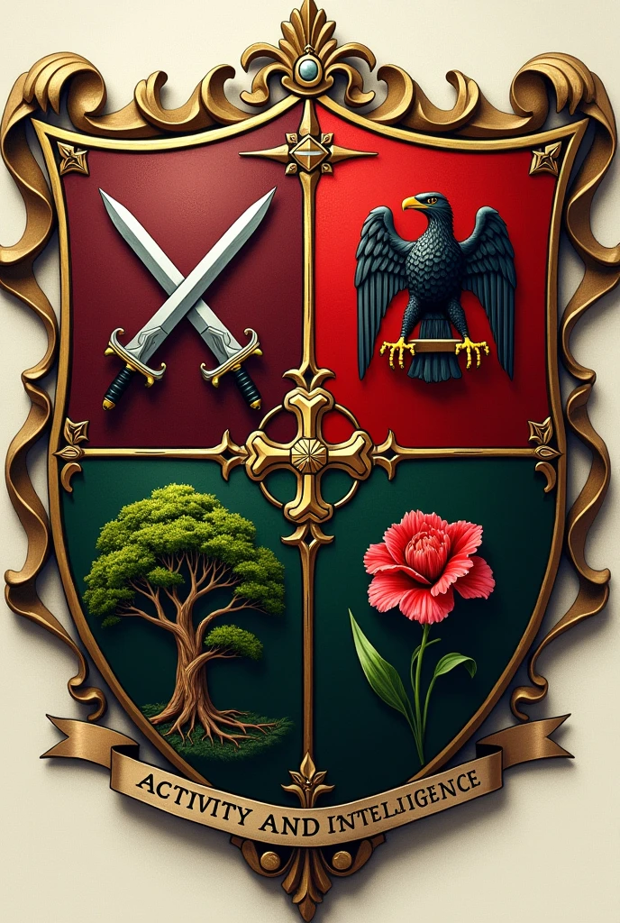 SHIELD: divided into four parts .
1. The first part ( In the upper left corner ): crossing a sword and sword .
2. The second part ( in the upper right corner ): eagle, держащий в клюве red крест.
3. The third part ( in the lower left corner ): long-rooted oak .
4. The fourth part ( in the lower right corner ): gladiolus.
tape: on , of the coat of arms , is written: " Activity and intelligence " in gold letters. tape должна быть из бордового или красного цвета.
color scheme : maroon , red, gold and dark green .
