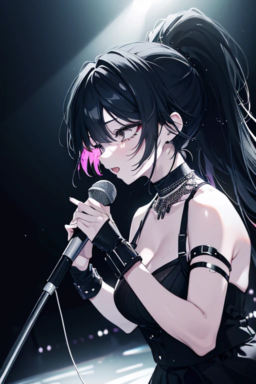 void fires, gothic stage, music stage, outside, dark night, just the stage, purple black hair, purple eyes, large breast, singing, perfect hands, perfect eyes, expressive eyes, four fingers, performing on stage