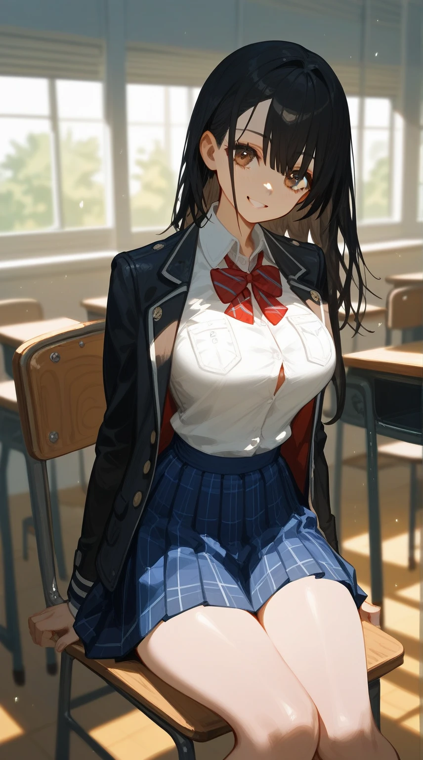 (masterpiece, best quality:1.2), solo, 1girl, yukinoshita yukino, (shiny skin, wet skin:1.2), sweating, slight smile, looking at viewer, sitting, school uniform, white shirt, plaid skirt, thighhighs, afternoon, classroom