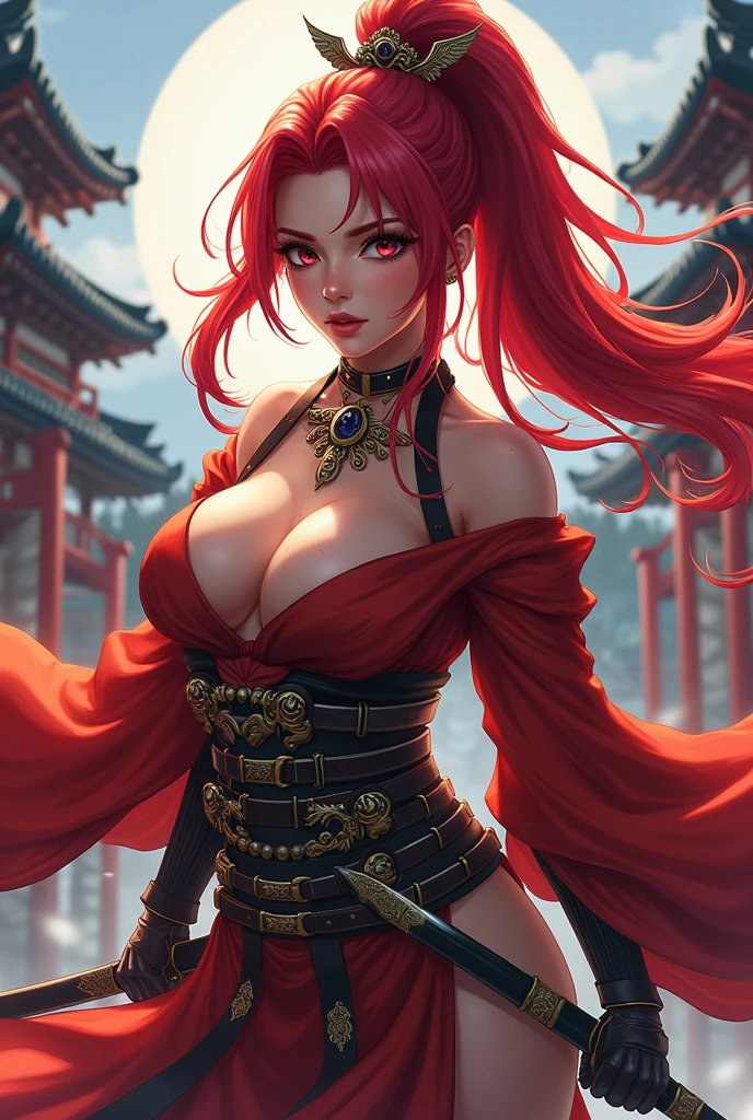 Style Anime, femme adulte, cheveux orange, mini jupe très courte, longues bottes en cuir, porte-jartelle, chemisier quasi transparent, grand décolleté, poitrine important, seins généreux, katana dans main droite, main gauche soulevant poitrine, décor urbain médiéval, pose suggestive, longues jambes écartées, érotique