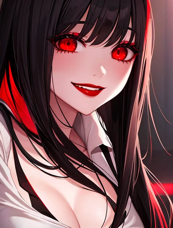 Horror woman, red light eyes, smile, long hair black, dark, she is solo, red lipstick,