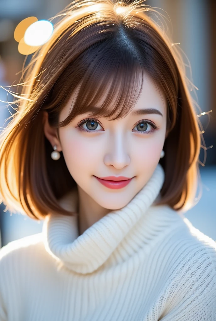 12Ｋ、ＨＤＲ、  Japanese 、 bit depth 10 bits  、 (   white sweater),((white knitted scarf  )),  (  realistic  ,   photo realistic  :1.4), masterpiece,      Very Delicate and Beautiful     ,    very detailed with crimson hair,     very detailed with crimson hair目と顔,     beautiful detailed nose ,    Beautiful Detailed Eyes  ,    cinematic lighting,City lights at night,   COMPLETE ANATOMY  ,smile  ( My hair is swaying in the wind、  light brown hair  ,)、smile、   A woman who exudes mature sex appeal 、((Snow falls in the background   ))  、((I can see snow in the background  )) 、 クリアホワイトスキン  、   happy face、  blue eyes、 Portrait Style 、 white teeth visible、