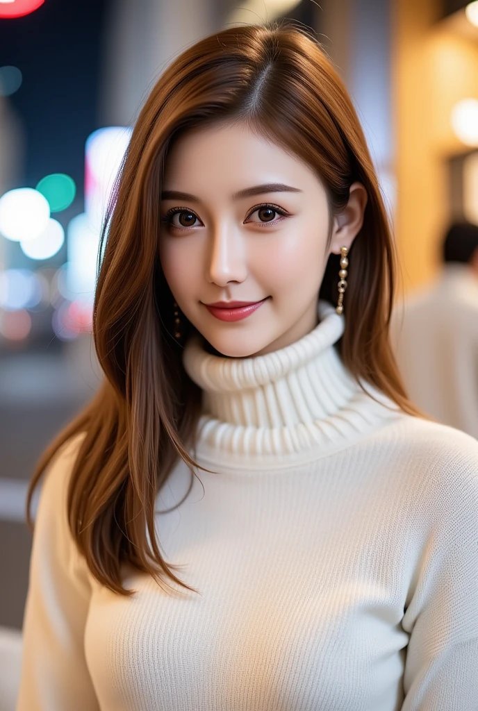 12Ｋ、ＨＤＲ、  Japanese 、 bit depth 10 bits  、 (   white sweater),((white knitted scarf  )),  (  realistic  ,   photo realistic  :1.4), masterpiece,      Very Delicate and Beautiful     ,    very detailed with crimson hair,     very detailed with crimson hair目と顔,     beautiful detailed nose ,    Beautiful Detailed Eyes  ,    cinematic lighting,City lights at night,   COMPLETE ANATOMY  ,smile  ( My hair is swaying in the wind、  light brown hair  ,)、smile、   A woman who exudes mature sex appeal 、((Snow falls in the background   ))  、((I can see snow in the background  )) 、 クリアホワイトスキン  、   happy face、  blue eyes、 Portrait Style 、 white teeth visible、