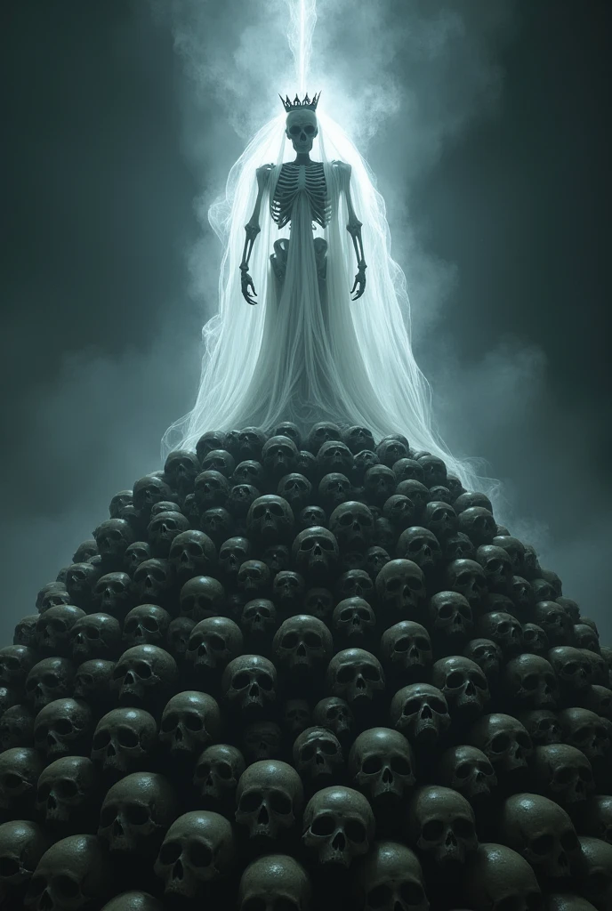 a mountain of skulls, skeleton standing on top, transparent white shroud draped over skeleton, shroud draping into eye sockets, skull in shroud, crown, black background, column of light, (best quality,4k,8k,highres,masterpiece:1.2),ultra-detailed,(realistic,photorealistic,photo-realistic:1.37),dark fantasy,horror,dramatic lighting,moody,cinematic