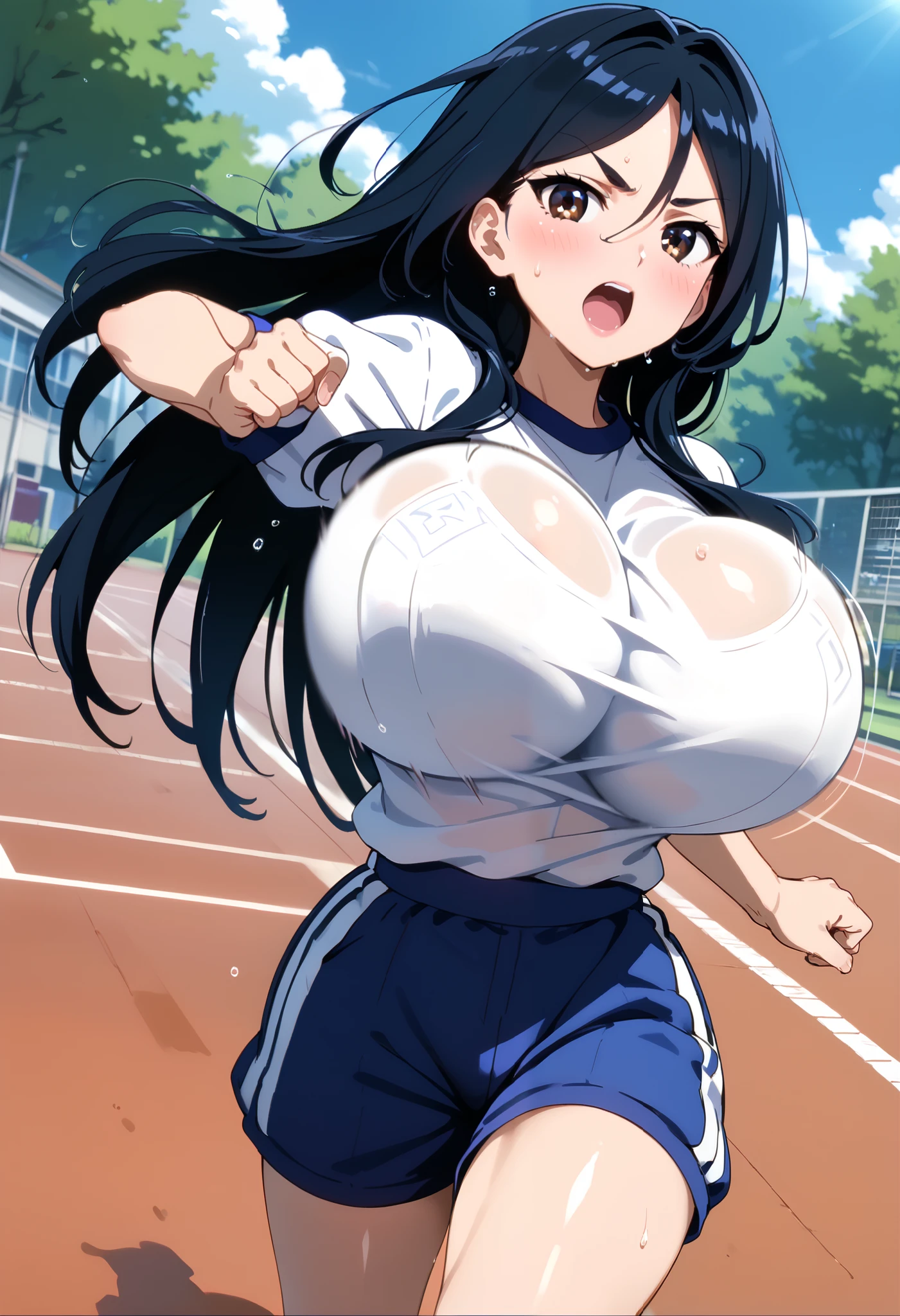 score_9, score_8_up, score_7_up, source_anime, (anime screencap:0.5), 1girl, Alone, outdoors, school,fukiyosepony, long hair, black hair, brown eyes, hair between eyes, parted bangs, large breasts,(huge breasts),(round breasts),nalow waist,slender,curvin,sexy, glamor, gym uniform, blue gym shorts, looking at viewer,frustrated,sweat,blush, feel horny ,Estrus season,open mouth, dynamic angle,bare arms,v-shaped eyebrows, color bra visible through clothes,taut clothes,(bouncing tits:1.2),(bouncing boobs:1.2),random shot,Mr.々Perspective,((running)),(jogging),(Breasts bouncing up and down ),side view,from above, oblique perspective 