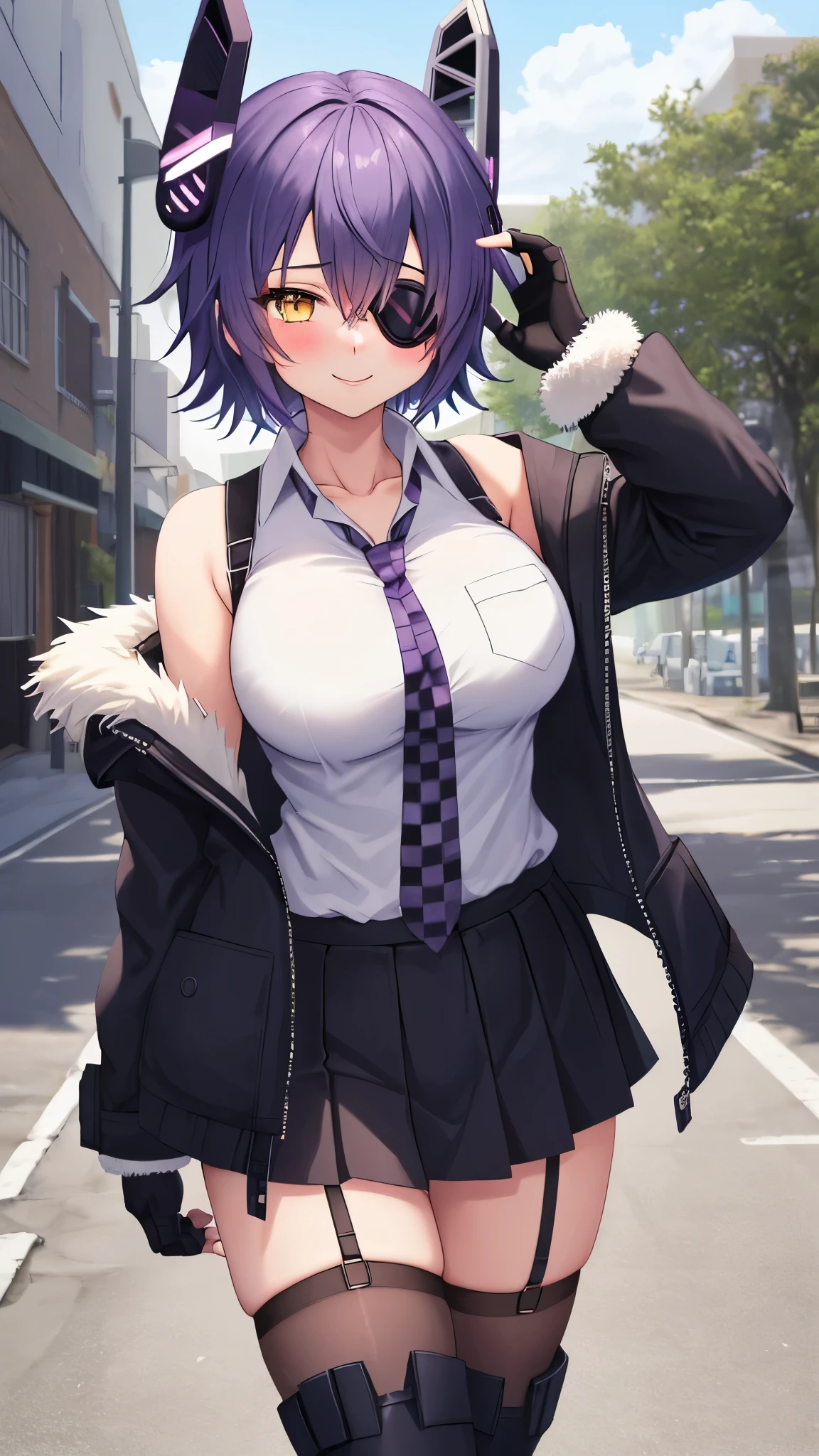 best quality, masterpiece, solo, {tenryuu_kantaicollection:1.}, teirl, eyepatch, short_hair, purple_hair, yellow_eyes, headgear, breasts, necktie, large_breasts, smile, 1girl, blush, checkered_necktie, hair_over_one_eye, shirt, collared_shirt, white_shirt, jacket, sleeveless, brown_eyes, fur-trimmed_jacket, fur_trim, collarbone, looking_at_viewer, pocket, breast_pocket, ,, messy_hair, black_gloves, gloves, partially_fingerless_gloves,harbor_road_landscape_background,outdoor,short_skirt,thigh-highs,boots,sunlight,from_below