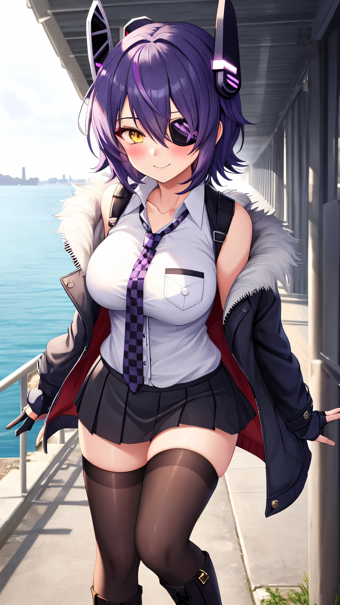 best quality, masterpiece, solo, {tenryuu_kantaicollection:1.15}, teen_girl, eyepatch, short_hair, purple_hair, yellow_eyes, headgear, breasts, necktie, large_breasts, smile, 1girl, blush, checkered_necktie, hair_over_one_eye, shirt, collared_shirt, white_shirt, jacket, sleeveless, brown_eyes, fur-trimmed_jacket, fur_trim, collarbone, looking_at_viewer, pocket, breast_pocket, ,, messy_hair, black_gloves, gloves, partially_fingerless_gloves,harbor_road_landscape_background,outdoor,short_skirt,thigh-highs,boots,sunlight,from_below