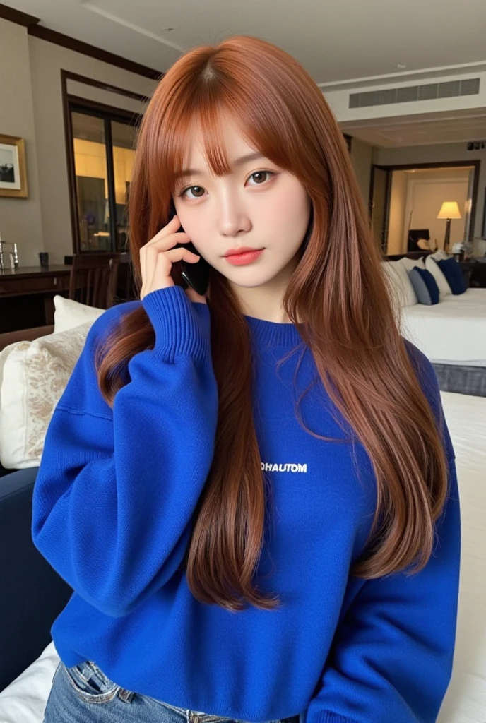 Arrogant woman with long red hair and blue sweater talking on a mobile phone, brown fringe, ulzzang, cabelo castanho with bangs, brown hair and bangs, cabelo longo castanho with bangs, cabelo arrumado with bangs, Lalisa Manobal, with bangs, separate central strip, com uma brown fringe, cabelos longos with bangs, Hime's court