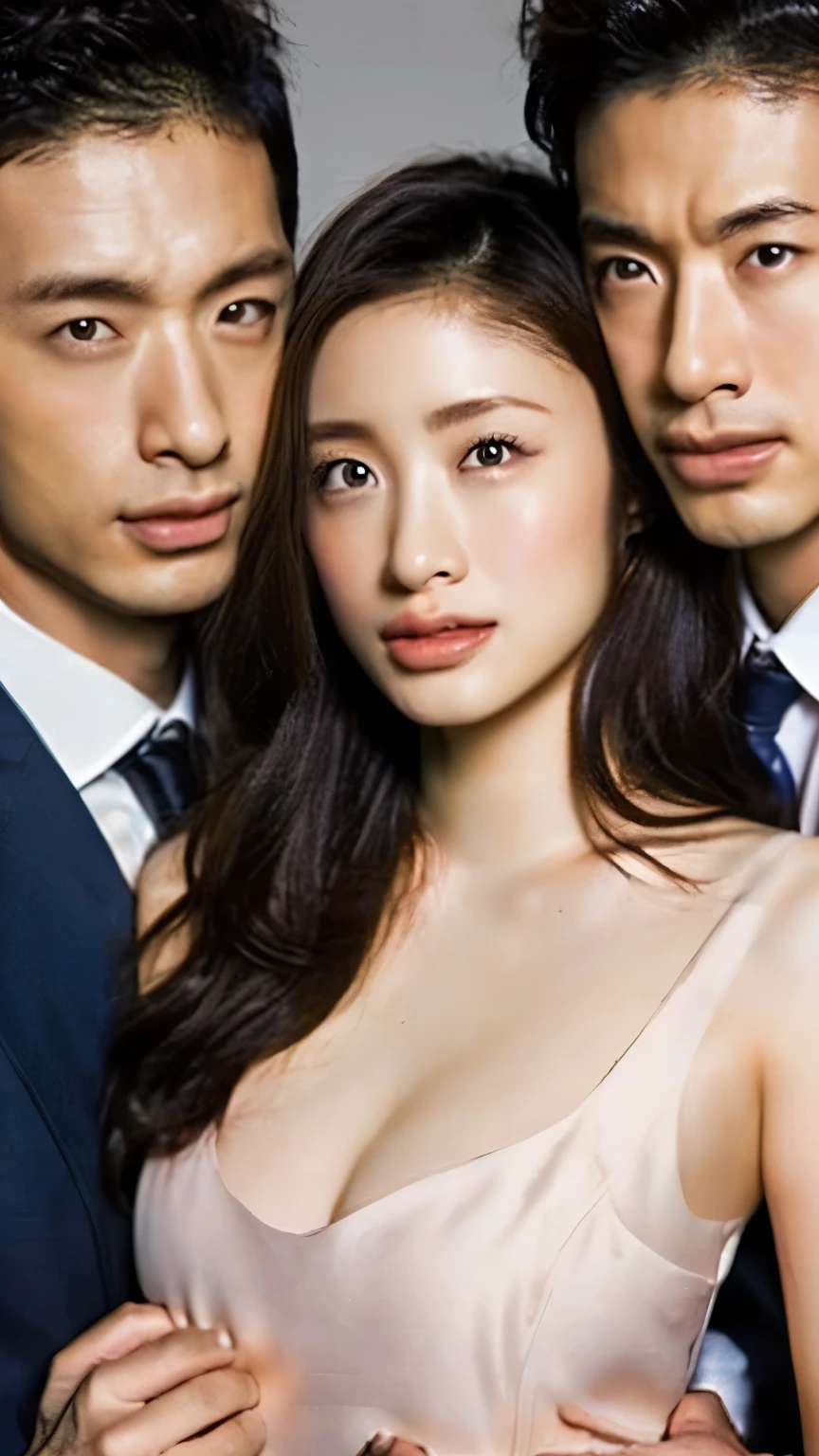 (masterpiece:1.3), Hot asian woman, 30 year old, nude ,surrounded by handsome men