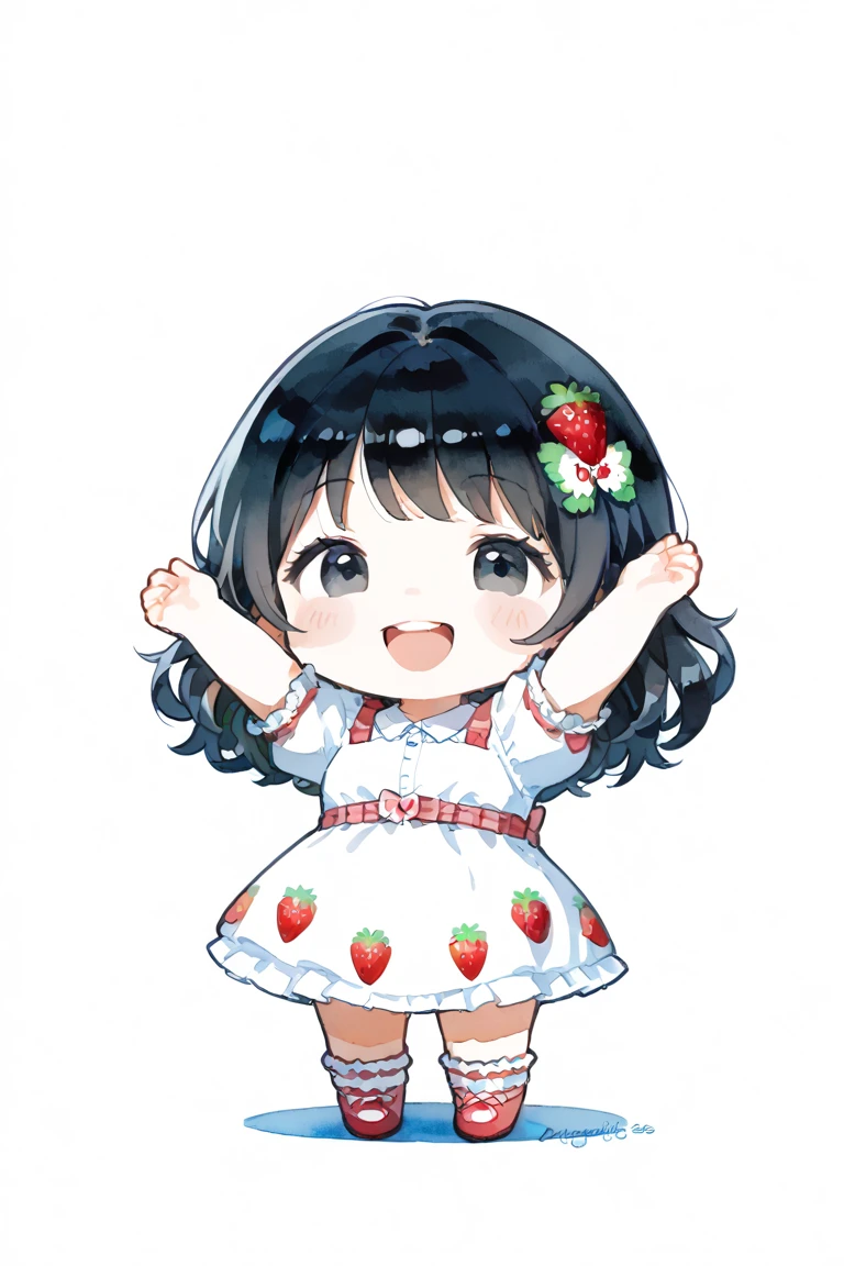 (1 chibi girl:1.3), cute, big droopy black eyes, black hair, bob,
delightful, laughing, (strawberry fields:1.1), arms up,
watercolor, (masterpiece, best quality, hyper detailed),