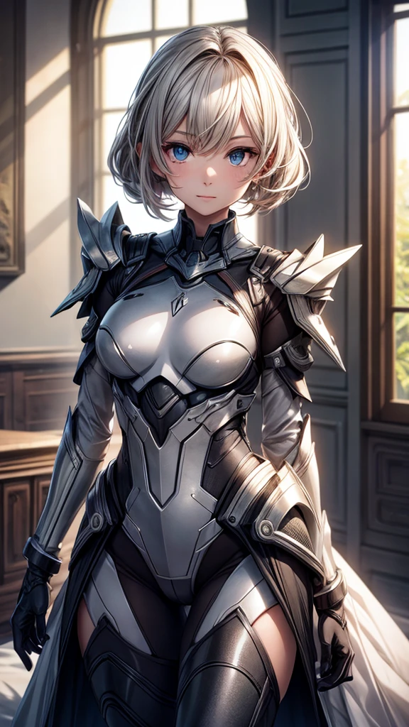 (Best Quality)), (Masterpiece), (Sharpness), 32k, (Best Quality Depiction), (Best Quality), Art, Detailed and Detailed CG Art, Clear, Detailed Human Body, Natural Light: 1.3, Full Body, Depth Background, (Perfect Anatomy), (Flawless Body Depiction), Golden Ratio, Depiction of Perfect Woman, One Woman,Beautiful, (Western Early Twenties Adult Female), (Lustrous Silver Hair, Short hair:1.6), (beautiful red eyes shiny),(Beautiful face with detailed detail), (Big:0.4), Light makeup, (Dense and detailed beautiful perfect leather armor:1.6,Belt:1.2), (Slim legs), (Staring at viewer,Expressionless:1.2), Outdoor, Wind control: 1.1, Blue sky: 1.3, Sun,