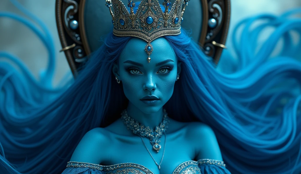 Hybrid girl between human and fish , blue fur , marine visual , tentacles on the head,  beautiful and human face , sitting on a throne with aquatic and futuristic references 