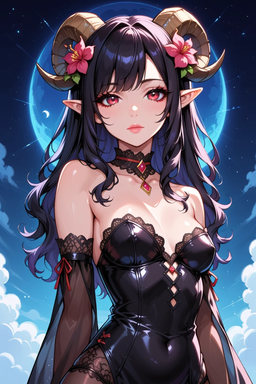 A twenty two year faery girl, with long black hair and dark brown eyes. She is skinny with big breasts and thighs. She has beautiful iridescent and pink fairy wings. Long black hair and brown eyes, and pointy elf ears. Has a silk dress, that covers her whole body.
