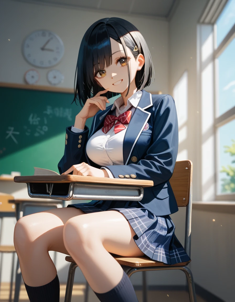 Score_9, Score_8_up, Score_7_up, highest quality, detailed eyes, 1 girl, (middle hair, asymmetry bang:1.4), black hair, large breasts, (brown eyes), school uniform, jacket, skirts, classroom, sitting on chair, smile