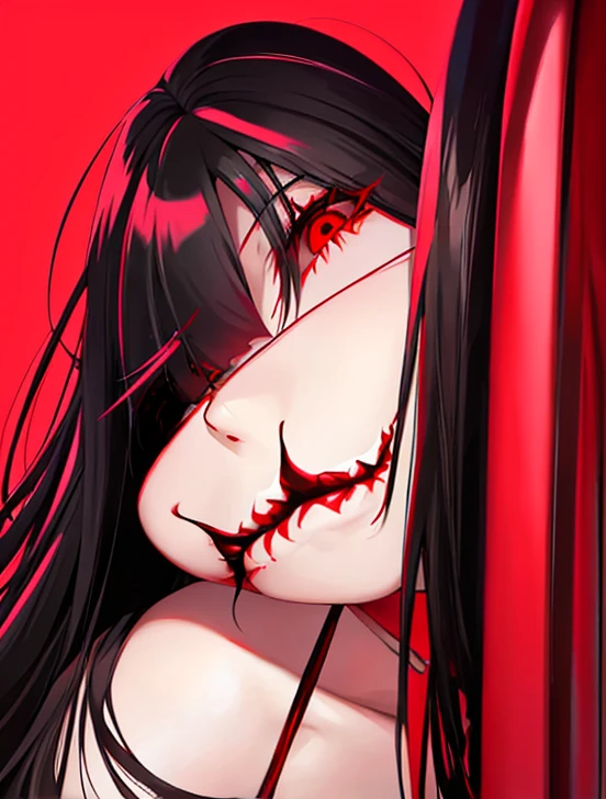 Horror woman, red light eyes, smile, long hair black, dark, she is solo, red lipstick,