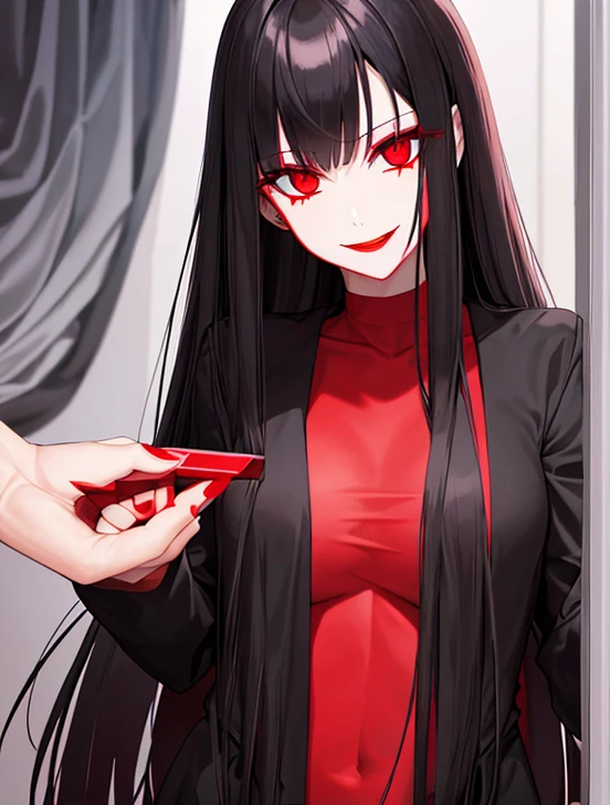 Horror woman, red light eyes, smile, long hair black, dark, she is solo, red lipstick,