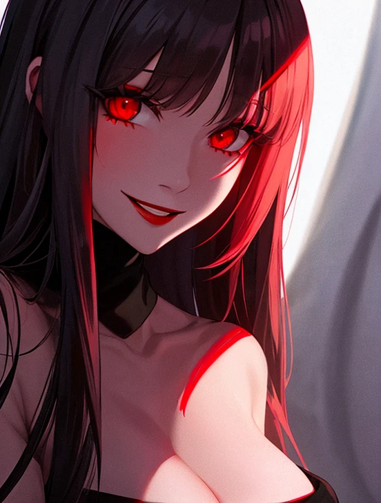 Horror woman, red light eyes, smile, long hair black, dark, she is solo, red lipstick,