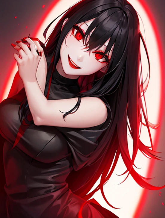 Horror woman, red light eyes, smile, long hair black, dark, she is solo, red lipstick,