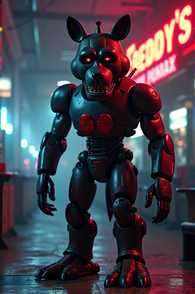 The animatronic from FNAF is walking between the tables at the pizzeria, a popular children's restaurant. The animatronic is wearing a costume and carrying a microphone, as it's ready to perform for the children. The pizzeria is dark and quiet, with only the sounds of footsteps and the animatronic's movements. The atmosphere is somewhat creepy, with the animatronic looking like a silent and menacing entity. The image has a horror vibe, and shows the animatronic's preparation before it's performance.