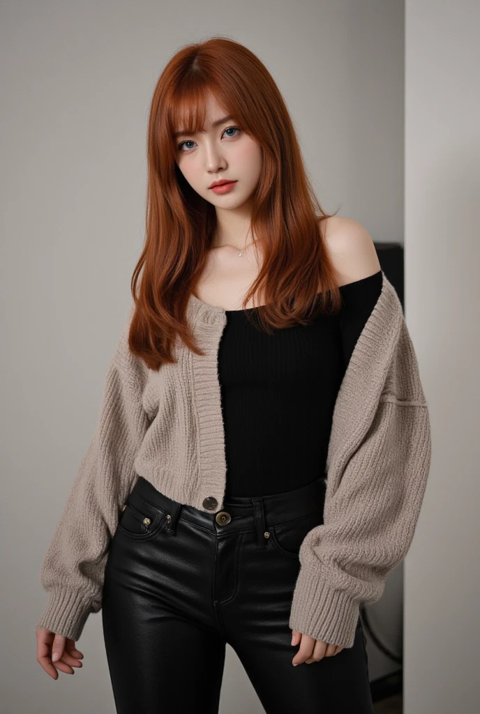  Arrogant woman with long red hair and blue sweater, brown fringe, ulzzang, cabelo castanho with strip, brown hair and bangs, cabelo longo castanho with strip, cabelo arrumado with strip, Lalisa Manobal, with strip, Separate central strip, com uma brown fringe, cabelos longos with strip, The Hime, socmed 