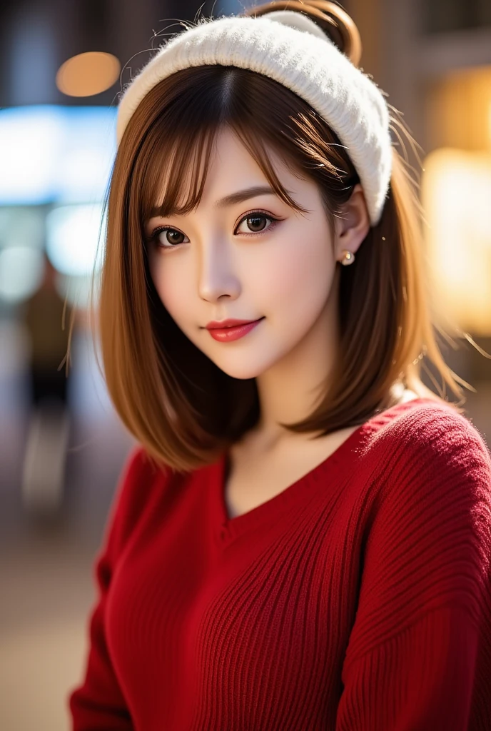 12Ｋ、ＨＤＲ、  Japanese 、 bit depth 10 bits  、 (  Red sweater),((White knitted hat )),  (  realistic  ,   photo realistic  :1.4), masterpiece,      Very Delicate and Beautiful     ,    very detailed with crimson hair,     very detailed with crimson hair目と顔,     beautiful detailed nose ,    Beautiful Detailed Eyes  ,    cinematic lighting,City lights at night,   COMPLETE ANATOMY  ,smile  ( My hair is swaying in the wind、  light brown hair  ,)、smile、   A woman who exudes mature sex appeal 、((Snow falls in the background   ))  、((I can see snow in the background  )) 、 クリアホワイトスキン  、   happy face、  blue eyes、 Portrait Style 、 white teeth visible、