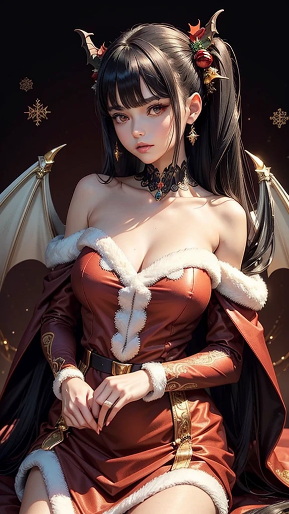 (masterpiece), (best quality), (detailed), light layer, lustrous skin, (intricate detailed , santa dress clothes, , demon wings, christmas hair ornament :1.2), black hair, black choker, long hair, hime cut, woman, blunt bangs, sidelocks, red eyes, (mature female:1.1), side-ponytails  (christmas tree background:1.1), 
standing with her chin gently tilted upwards, creating a long, elegant line from her neck to her jawline. Her shoulders should remain relaxed, and her hands can be positioned softly at her sides, resting on her lap, or lightly touching her face or hair.