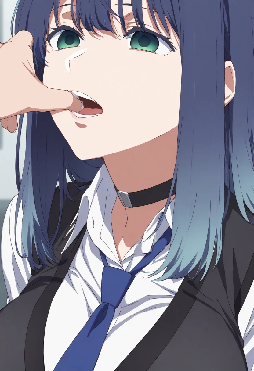 masterpiece, best quality, 1girl, solo, akane kurokawa, blue hair,, white shirt, blue necktie, choker, black vest, large breasts, close up, finger in another mouth, empty look, portrait view