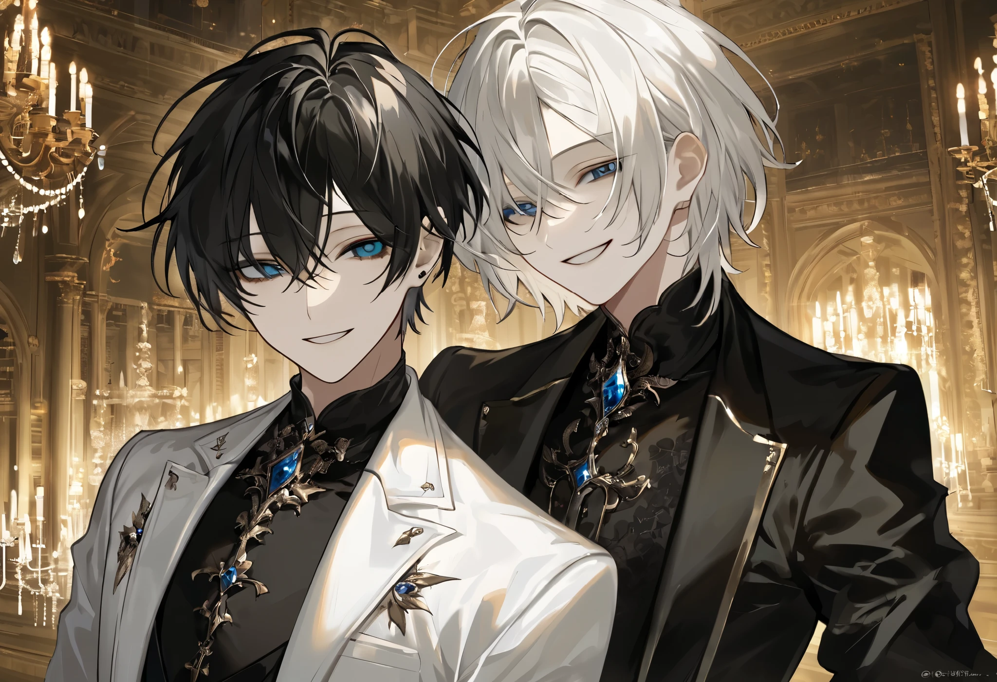 (( 2 guys:1.5)),  perfect face,   beautiful face,  very detailed face，( man with short black hair :1.3)，(Man with short white hair :1.3)，Luxury Suits、smile、Gothic castle interior 、 chandelier、candle