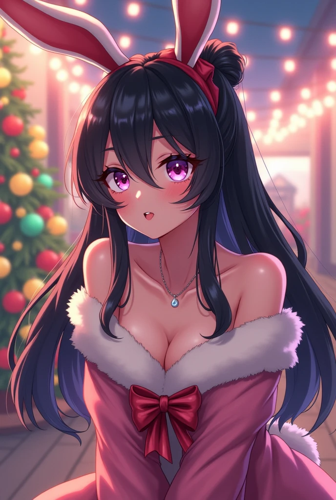 (A superb exquisite Chitanda Eru), purple eyes, long black hair, natural straight hair, straight bangs, solo, [Small_breasts: large_breasts: 0.6], normal breasts, (santa hat, christmas tree), extremely delicate, peerless beautiful girl, dreamy quality, exaggerated facial features, solid color, delicate face, bright lips, slender waist, soft curves, real light and shadow, super fine, 8K HD, natural moving, (masterpiece:1.4), (finely detailed beautiful eyes: 1.2), ((adult face))