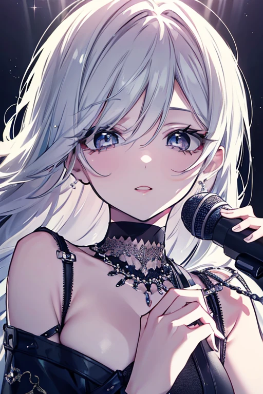 (best quality:1.2), (ultra detailed:1.2),(masterpiece:1.2),(8k:1.2),(ccnoel, short hair, french braid, hair ribbon, green eyes, black choker, collarbone, cleavage, off-shoulder sweater, white sweater, plaid skirt),(Blessed,Captivating body、Ultra-detailed eyes、Ultra-detailed skin、ultra-detailed face,Detailed Background),One Girl、(singing:1.5)
