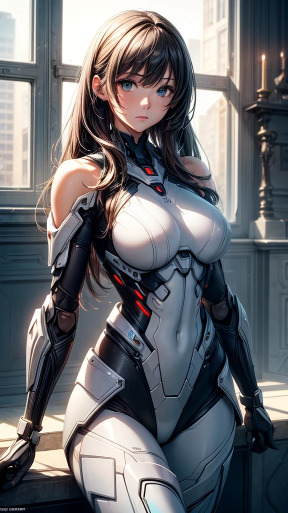 "A mesmerizing and ethereal depiction of a cyborg immersed in a dynamic whirlwind of digital data."ultra high resolution、(lifelike:1.4)、original photo、red miniskirt,abortion、global illumination、big breasts,Dress sexy,White skin,top-down perspective