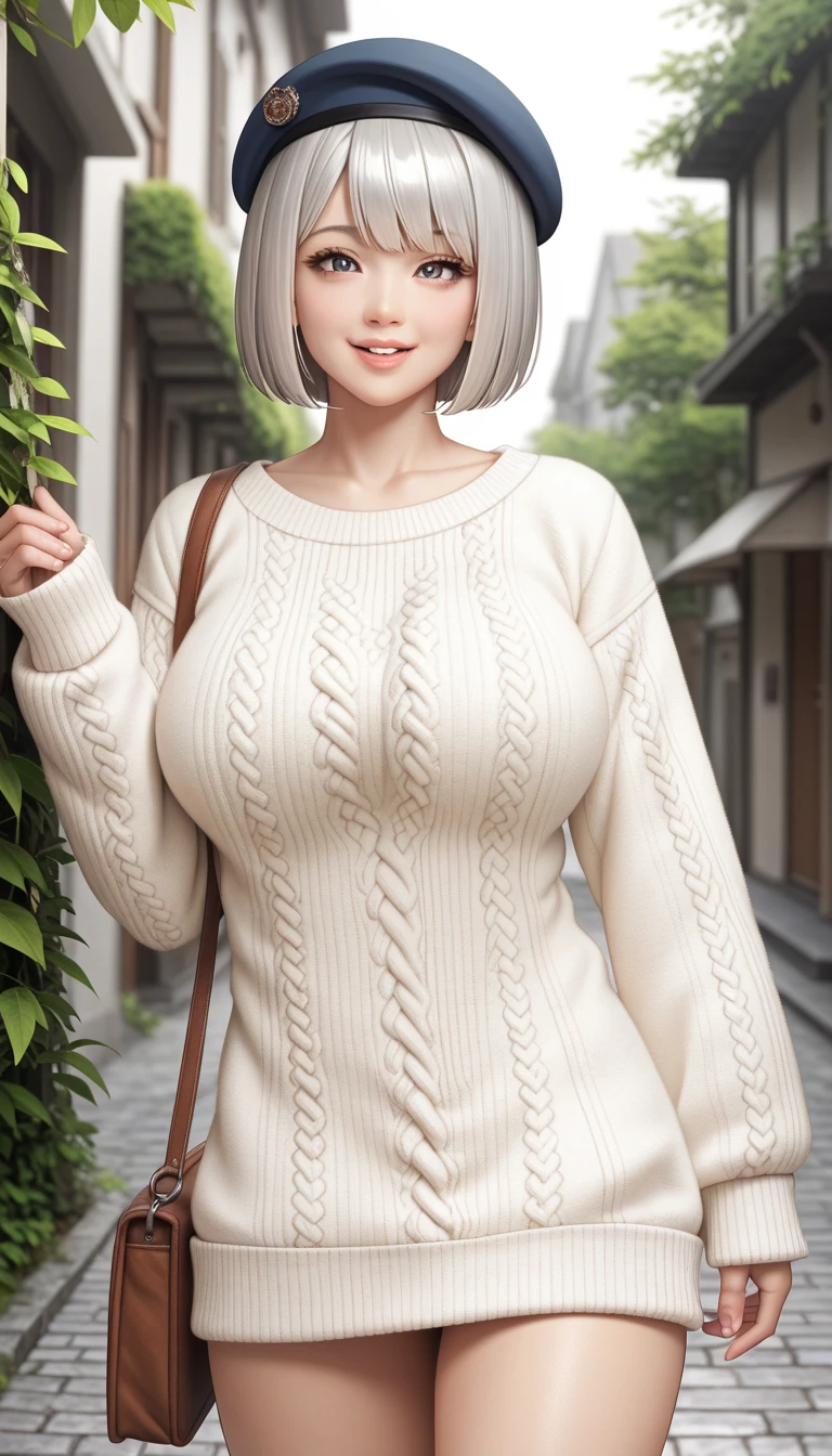 She has fairy-like beautiful Japanese face, cat-like silver eyes with a soft expression, silver hair, bangs between the eyes, airy waved short bob cut, huge breasts, slender foots, but now she is standing confidently and smile. The setting is a quaint alley with textured cobblestone, surrounded by greenery and warm, natural tones. The woman is dressed in a fluffy, oversized beige sweater paired with a long, flowy dark brown dress, exuding a casual yet chic aesthetic. She wears a soft white scarf and a stylish navy beret, accessorized with a small black crossbody bag. The background displays hints of rustic architecture and vibrant foliage, with light streaming through the trees, creating a harmonious blend of colors and textures. The overall atmosphere is warm, inviting, and effortlessly stylish, capturing a moment of quiet reflection in an urban environment.