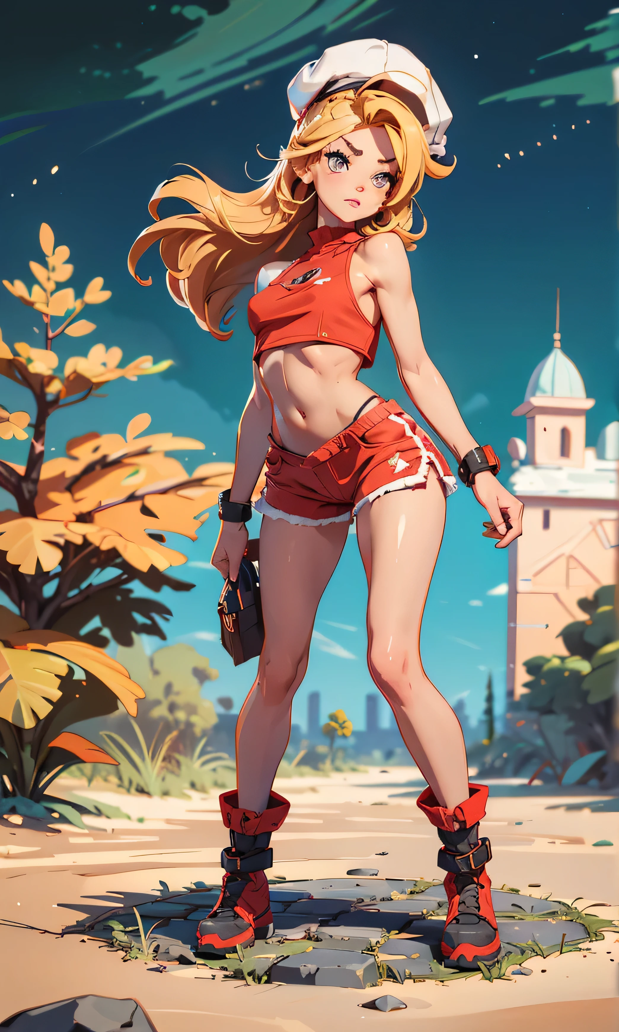 Masterpiece, 1 girl, beautiful, slim, head on, looking at the spectator , long hair , blond hair , brown eyes, arched eyebrows , full body , pretty legs, abdomen plano, Kpop outfit , wool cap, Red micro top , Crop top, bare shoulders , neckline, Ripped top , red shorts, red winter boots, (((desnuda))), in the woods, dark sky, dry trees ,