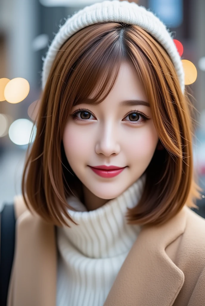 12Ｋ、ＨＤＲ、  Japanese 、 bit depth 10 bits  、 ( warm outerwear ),(( white knitted hat  )),  (  realistic  ,   photo realistic  :1.4), masterpiece,      Very Delicate and Beautiful     ,    very detailed with crimson hair,     very detailed with crimson hair目と顔,     beautiful detailed nose ,    Beautiful Detailed Eyes  ,    cinematic lighting,City lights at night,   COMPLETE ANATOMY  ,smile  (  hair is swaying a lot like、  light brown hair  ,)、smile、   A woman who exudes mature sex appeal 、((Snow falls in the background   ))  、((I can see snow in the background  )) 、 クリアホワイトスキン  、   happy face、 Portrait Style 、 white teeth visible、