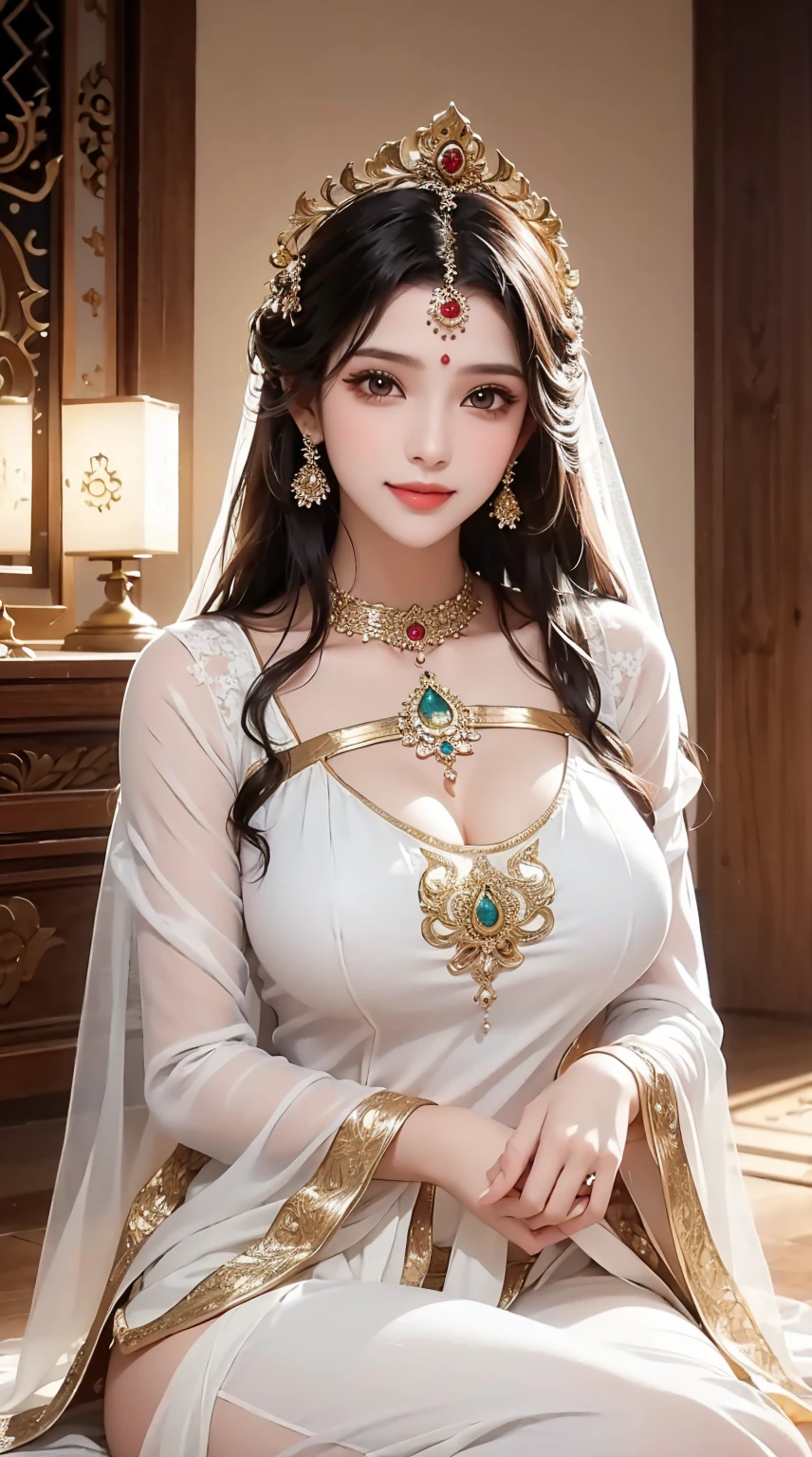 1girl, ((indian princess)), cute face,pretty face, jaw dropping beauty, cute smile, indian princess, ((indian mythology dress)), bindi, ((beautiful bindi)), ((beautiful shiny accessories)), accessories , ((ultra high detailed 1.9)),((ultra high resolution 1.9)),((ultra high quality 1.9)),(masterpiece)), (perfect lightings), (very Big breasts 1.9)), ultra huge breast , pusssy is visible 