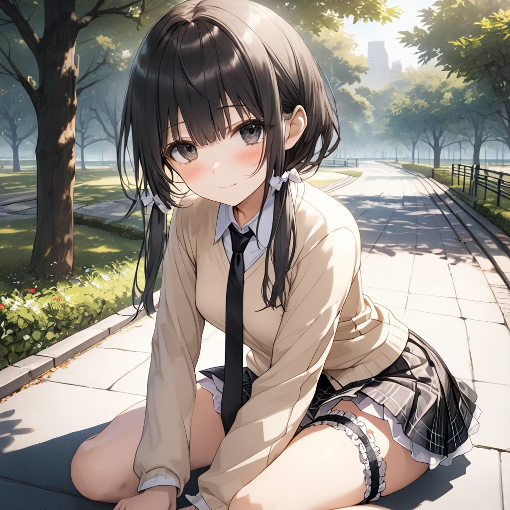 ( 1 girl),yuzuki yukari,, black hair, black eyes, embarrassed face、blush、short hair, (long sidelocks:1.5), ( small tits:1.5),(closed beige cardigan:1.5)、(Regular black tie :1.5)、( black plaid mini skirt:1.5)、(white panties:1.5),(Thighs:1.5),(bridal garter:1.５), sit on your knees 、 sitting with legs open 、 thigh lift :1.5,Park Walkway、In front of the pond:1.5、front、 Cowboy Shot 、( perfect anatomy ),( best quality), ( ultra hi-res), (超 high definition ), ( Highly Detailed CG), (32K), (masterpiece)、eyesHD