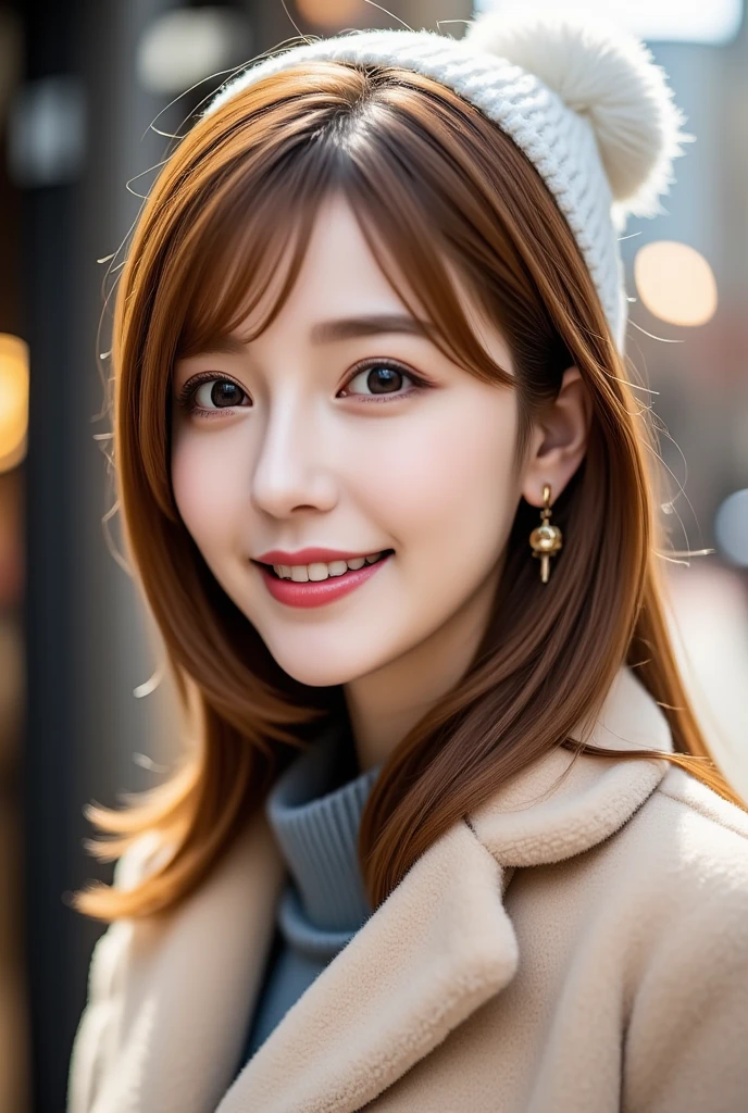 12Ｋ、ＨＤＲ、  Japanese 、 bit depth 10 bits  、 ( warm outerwear ),((White knitted hat )),  (  realistic  ,   photo realistic  :1.4), masterpiece,      Very Delicate and Beautiful     ,    very detailed with crimson hair,     very detailed with crimson hair目と顔,     beautiful detailed nose ,    Beautiful Detailed Eyes  ,    cinematic lighting,City lights at night,   COMPLETE ANATOMY  ,smile  (  hair is swaying a lot like、  light brown hair  ,)、smile、   A woman who exudes mature sex appeal 、((Snow falls in the background   ))  、((I can see snow in the background  )) 、 クリアホワイトスキン  、   happy face、 Portrait Style 、((( white teeth visible)))、