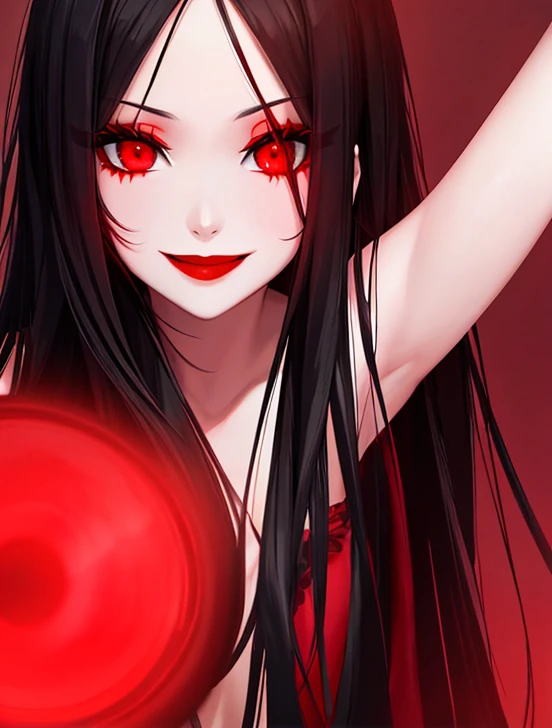 Horror woman, red light eyes, smile, long hair black, dark, she is solo, red lipstick,