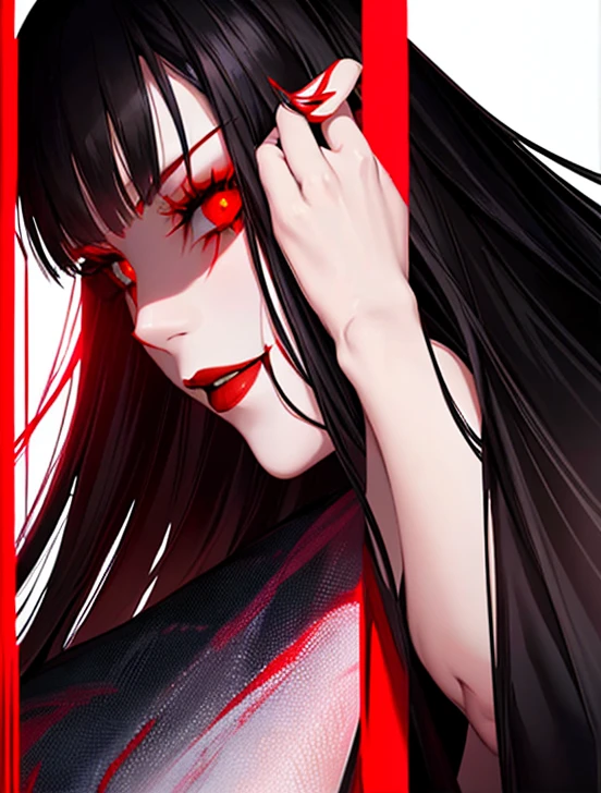 Horror woman, red light eyes, smile, long hair black, dark, she is solo, red lipstick,