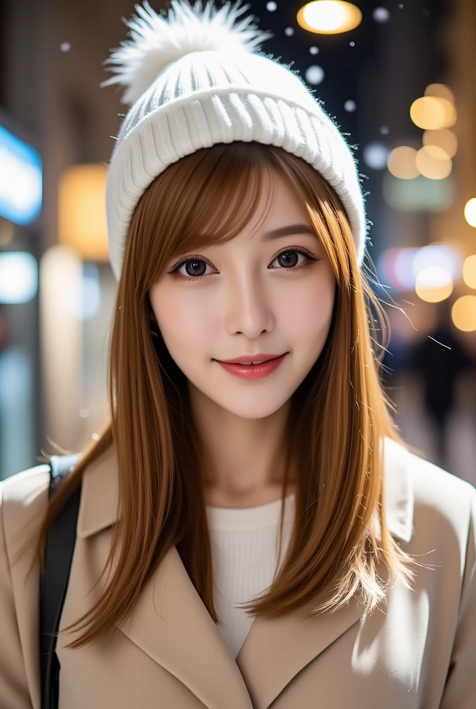 12Ｋ、ＨＤＲ、  Japanese 、 bit depth 10 bits  、 ( warm outerwear ),((White knitted hat )),  (  realistic  ,   photo realistic  :1.4), masterpiece,      Very Delicate and Beautiful     ,    very detailed with crimson hair,     very detailed with crimson hair目と顔,     beautiful detailed nose ,    Beautiful Detailed Eyes  ,    cinematic lighting,City lights at night,   COMPLETE ANATOMY  ,smile  (  hair is swaying a lot like、  light brown hair  ,)、smile、   A woman who exudes mature sex appeal 、((Snow falls in the background   ))  、((I can see snow in the background  )) 、 クリアホワイトスキン  、   happy face、Full body photo、 Portrait Style 、((( white teeth visible)))、