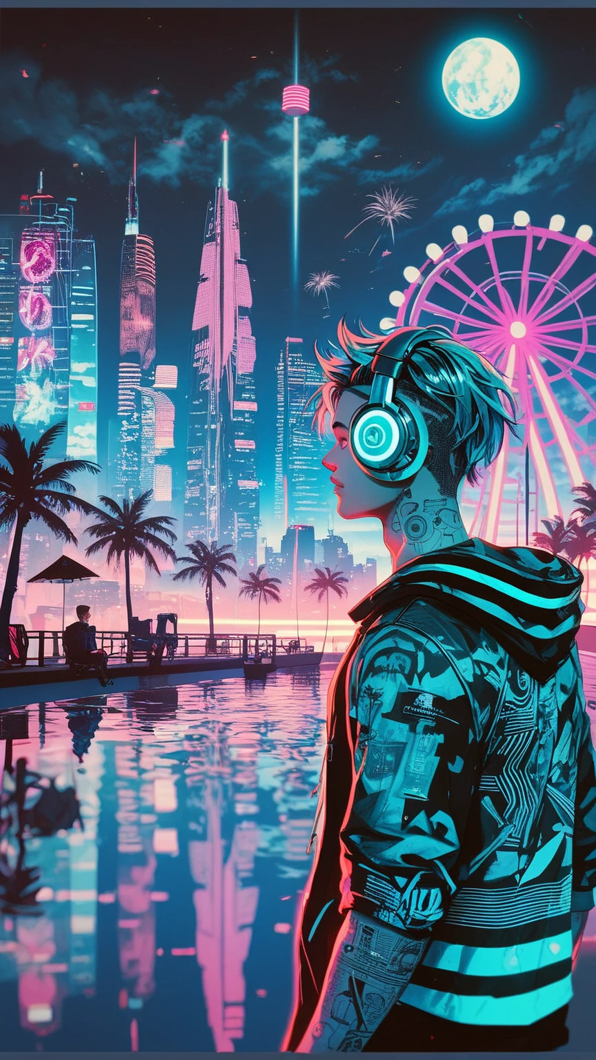 anime style, cool and edgy, thicker outlines, painterly elements, fine details, soft edges, A serene and lively night scene of a futuristic city**, neon lights illuminating tall buildings, palm trees, and a Ferris wheel, person with headphones gazing at the water, vibrant reflections, cyberpunk aesthetic, dynamic lighting, tattos, fashionable, posing, expression, stylish, striking, modern, fashion, ((boy)) 